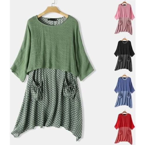 QPFJQD Printing Two-piece Set Big Pocket Ladies' Dress 2021 New Three Quarter Sleeve Polka Dot Spring Autumn Cotton and Linen