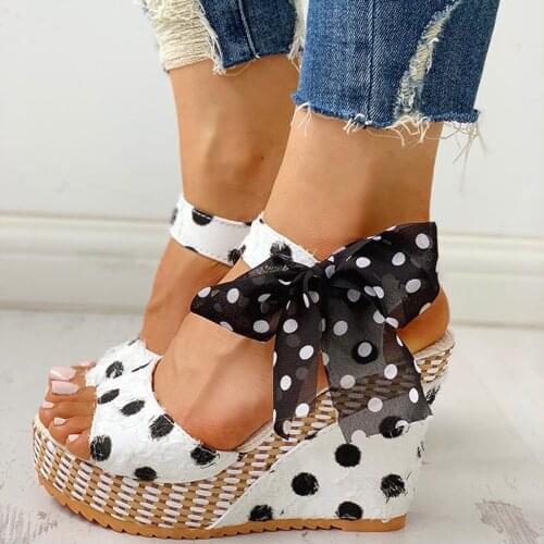 2021 sandals Womens Platform Wedges Heel Sandals Fashion Cotton Fabric Dot Lace-up Shoes Footwear 2021 Summer Sandals
