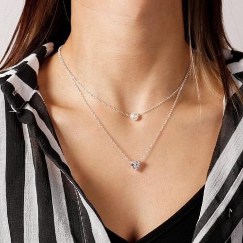 Korean Pearl Crystal Heart Necklaces Gold Silver Color Multi-Layer Chain Choker Necklace for Women Simple Style Jewelry Gifts
