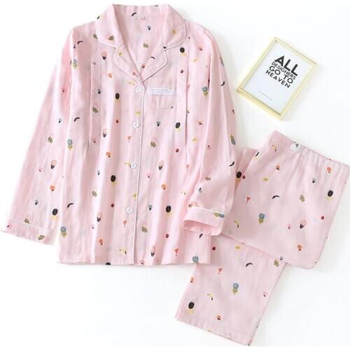 Fresh fruit gauze cotton spring pajama sets women sleepwear cozy casual long sleeve quality pyjamas women homewear hot sale 2020