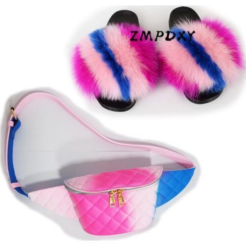 Ladies Fluffy Furyy Raccoon Fur Slippers Rainbow Colorful Jelly Belt Bag Shoes Sets Women Fox Fur Slides Female Bum Pouch Chest