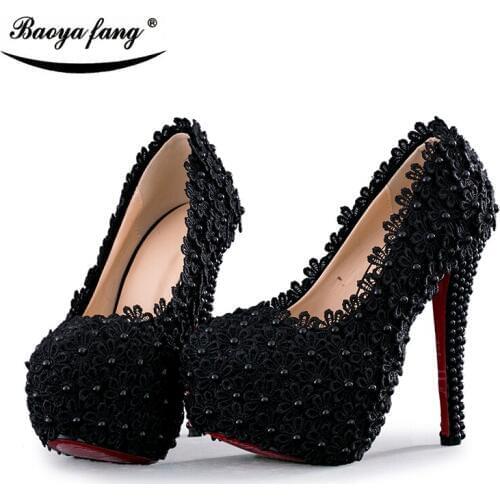 BaoYaFang Black flower Womens wedding shoes Lace High heels platform shoes woman Round toe party shoes 8cm/11cm/14cm high shoes