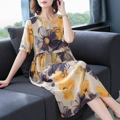 Summer Yellow Floral Mulberry Silk Boho Midi Sundress 2021 Korea Vintage 3XL Plus Size Women Dress Elegant Bodycon Party Vestido