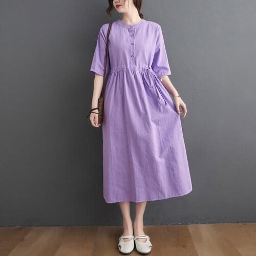 Fashion Purple Midi Dress 2021 New Arrival Cotton Linen Draw String Loose Women Casual Summer Dress Office Lady OL Work Dress