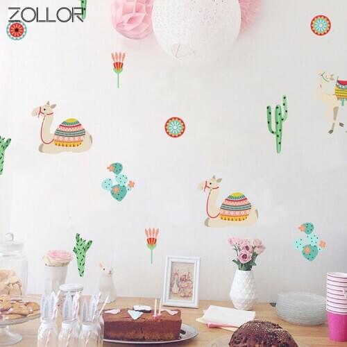 Zollor 6pcs/set Cartoon Camel Cactus DIY Wall Sticker Kids Room Bedroom Creative Mural Decals Nursery Home Decoration