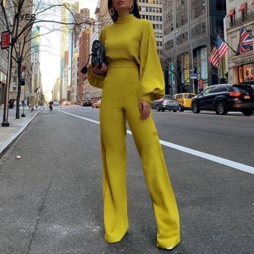 2019 Fashion Satin Jumpsuit Women Long Sleeve Turtleneck Female Jumpsuit Rompers Yellow Streetwear Ladies Elegant Office Overall