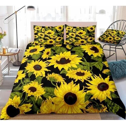 Retro Sunflower Duvet Cover Set Yellow Blooming Flowers King Home Textiles Green Leaves Bed Set Floral Quilt Cover 3pcs Dropship