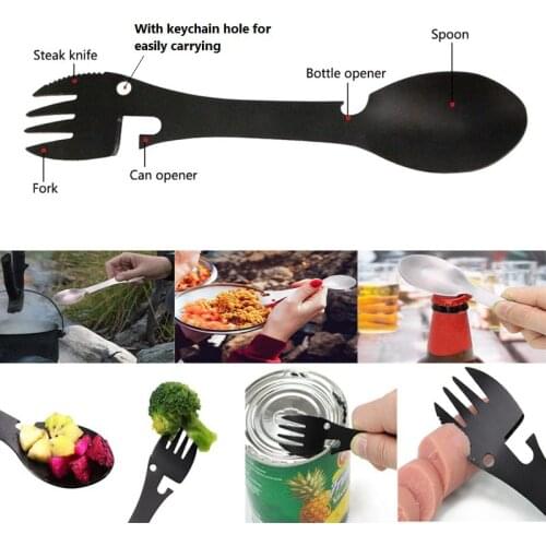 5 In 1 Multi-functional Spoon Stainless Steel Fork Spoon Can Opener Portable Outdoor Tool Fruit Fork Spoon Kitchen Utensils