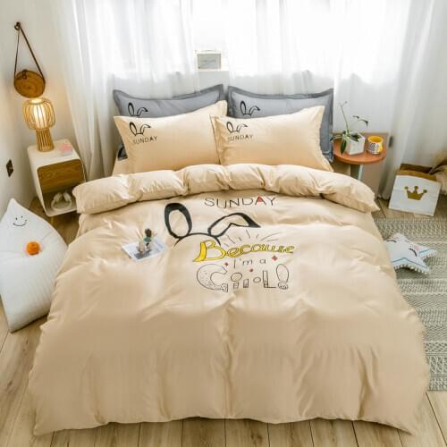 Beige Bedding Sets Washed Cotton Bed Set Long Ears Bedding Solid Color Bed Linen Single/Double Bed Ruffled Edges Sheet