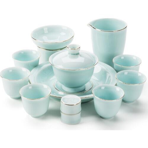 Jingdezhen hand-painted celadon painted gold side flower pottery Kung Fu tea bowl set tea gift box