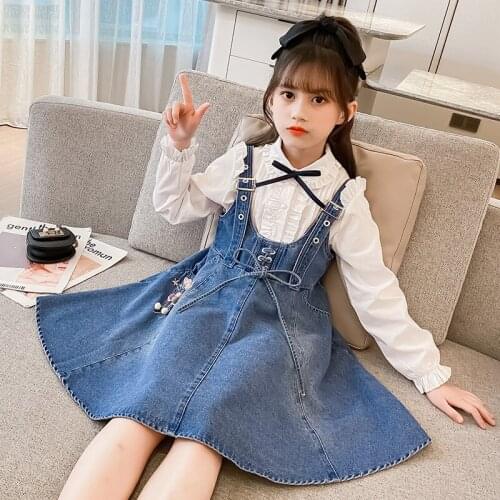 Kids Denim Straps Dress For Teen Girls Sweet Princess Dresses 2021 Spring Autumn Children Clothes Baby Girls Party Dresses