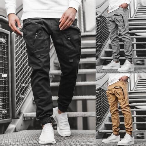 Men Multi-Pocket Jogger Cargo Sweatpants Ankle Tied Sportswear Pants Trousers Men Multi-Pocket Tied Sportswear Pants Trousers