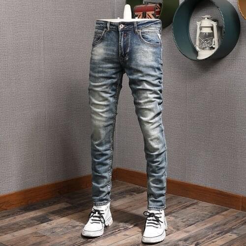 European Vintage Fashion Men Jeans Retro Blue Elastic Slim Fit Ripped Jeans Men Scratch Designer Distressed Casual Denim Pants