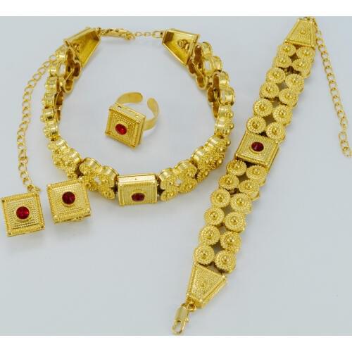 Africa Ethiopian Gold Color Chokers Necklace Clip Earrings Ring Habesha Eritrea Bridal Wedding Jewelry Gifts Set #J0791