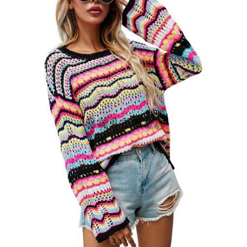 Autumn Rainbow Sweater Women Harajuku Jumper Striped Casual Long Sleeved Pullovers Korean Vintage Knitwear Y2K Sweatshirt