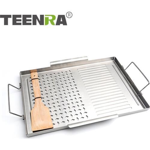 TEENRA Stainless Steel Grill Pan Non-Stick BBQ Pan Square Barbecue Plate Outdoor Picnic Cooking Tools Barbecue Utensils