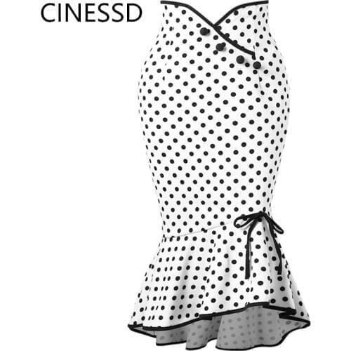 Cinessd2019 Explosion Models Casual Chinese Style Button Lace Printing Black White Sexy Fresh Sweet Lotus Leaf Side Wave Skirt