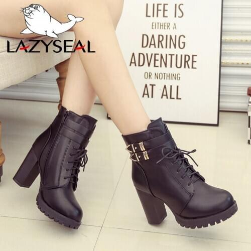 LazySeal Women Platform Shoes Woman Ankle Boots Motorcycle Boots Female Lace Up Shoes Buckle Zipper Women Boot Ladies Footwear