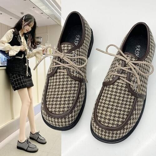 LLOGAI Designe Women Shoes Spring New Round Toe Lace-up Retro Plaid Loafer Shoes British Small Leather Shoes Zapatos Mujer