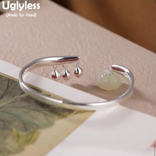 Uglyless Real 925 Sterling Silver Lotus Charms Bangles for Women Glossy Fine Jewelry Natural Jade Lotus Bangle Adjustable BA701