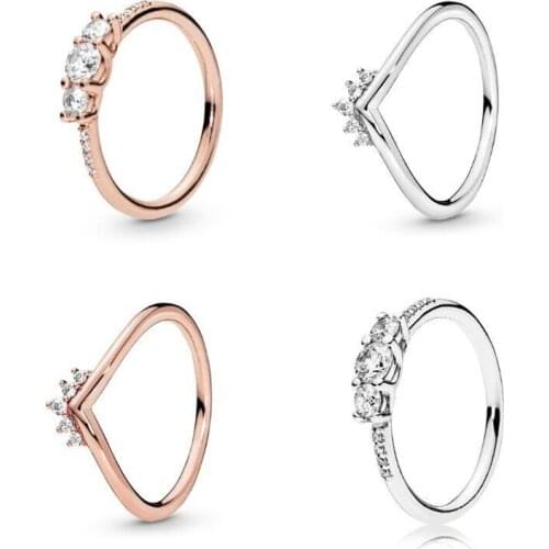 Authentic 925 Sterling Silver Ring Rose Tiara Wishbone Rings With Cystal For Women Wedding Party Gift Pandora Jewelry
