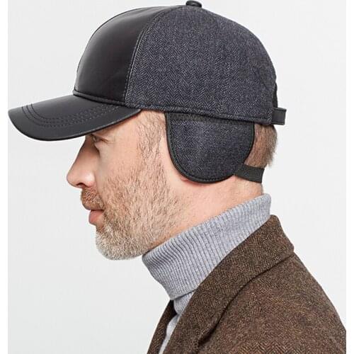 Winter Warm Woolen Genuine Leather Pacthwork Baseball Caps Mens Thickened Big Head Round Plus Size Peaked Hats With Earflap