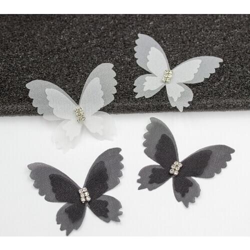 20PCS White Fabric Butterfly Appliques 45mm Organza Butterflies With Rhinestone for Wedding Party Decoration, Bridal Hair Pins