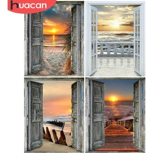 HUACAN Diamond Painting Landscape Door Rhinestone Picture Cross Stitch Seaside 5D DIY Diamond Embroidery Sunset Home Decoration