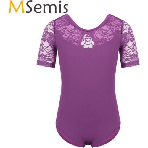 Kids Girls Ballet Leotard Gymnastic Swimsuit Gymnastics Leotard for Girls Floral Lace Short Sleeves Keyhole Back Dance Jumpsuit