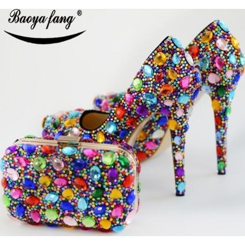 BaoYaFang Multicolor crystal women wedding shoes with matching bags High shoes Thin heel platform shoes and purse set