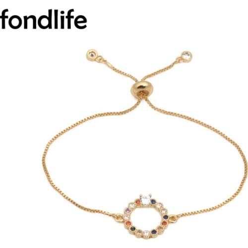 Shiny Multicolor Cubic Zirconia Crystal Gold-plated Round Circle Charm Bracelet Women Delicate Copper Chain Adjustable Jewelry