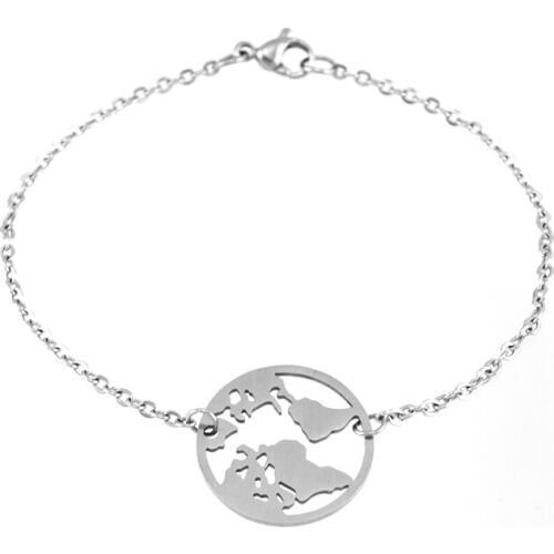 Fashion Women Bracelet Matte Face Round World Map Charm Bracelets Stainless Steel Rolo Chain Mujer Pulsera Birthday Gifts