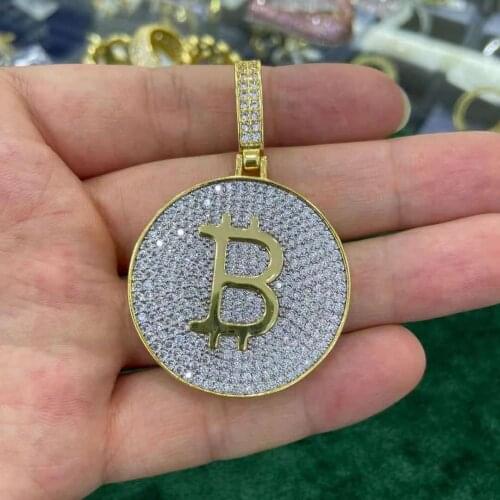 BWAVKE Hip Hop New Round Bitcoin Pendant With Gold Chain Micro Pave CZ Fashion Charm Necklace For Women Men