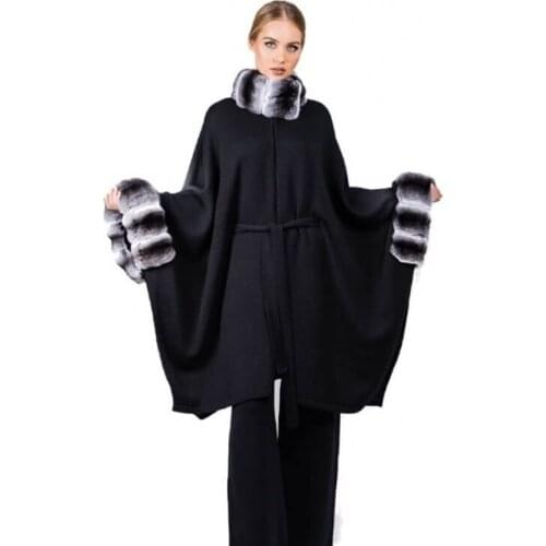 CNEGOVIK Women Poncho Cashmere Cardigan Sweater With Real Rex Rabbit Fur Trim