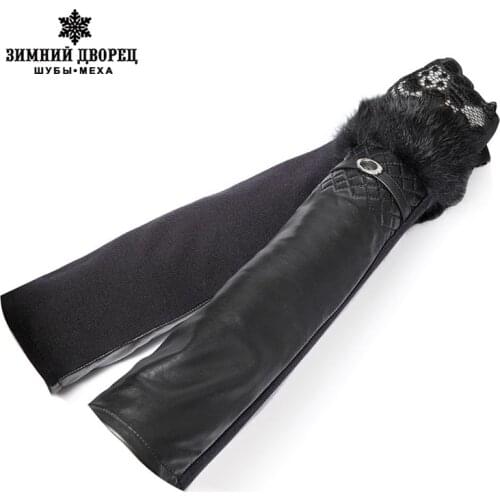 Long gloves ,Genuine Leather,Length 40-50CM,Cotton,Adult,True black fur gloves,Spandex, leather gloves,Free shipping