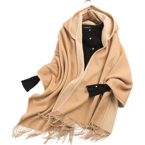 %100 Pure Wool Double-Sided Cape With Hood Pure Color Autumn/Winter Warm Scarf Coat