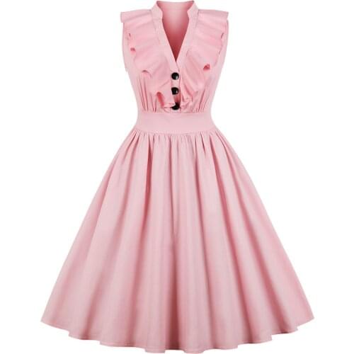 Audrey Hepburn 60s Elegant Party Vintage Dress Plus Size Ruffle Button V Neck High Waist Retro Dress Office Feminino Vestidos