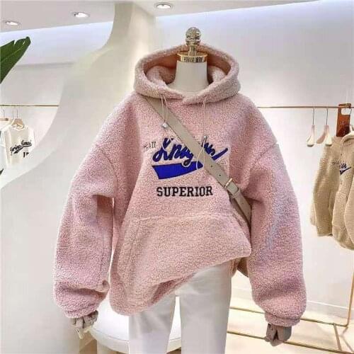 Embroidery Cashmere Fleece Hoodies Women Coat Long Sleeve Pockets Loose Casual Student Winter Warm Streetwear Outwear Pullovers