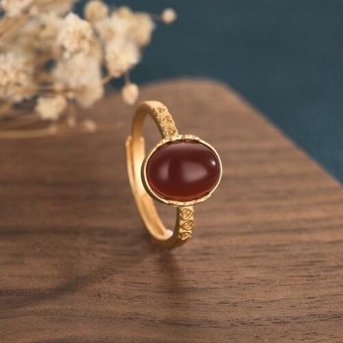 Chinese Retro Enamel Ring Inlaid with Red Agate Craftsmanship Adjustable Opening Women Rings Gift Luxury Lucky Jewelry