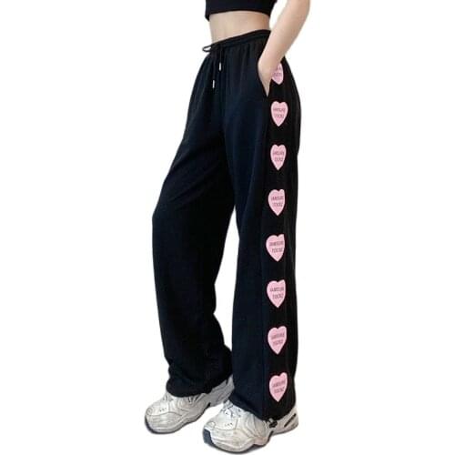Summer pink love heart letter print contrast color high-waisted straight-leg pants