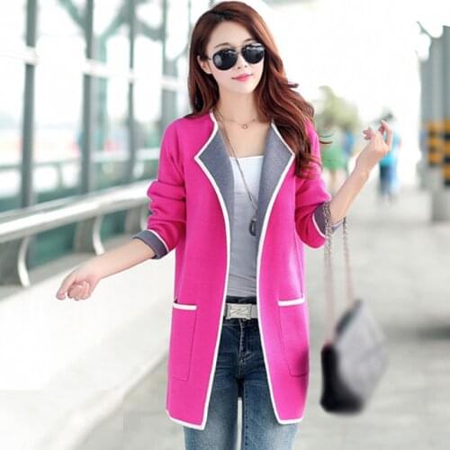 Fashion Womens Cardigan Spring And Autumn Womens Knitted Jacket Long Sleeves Color Matching V-neck Loose Large Size Mid-length