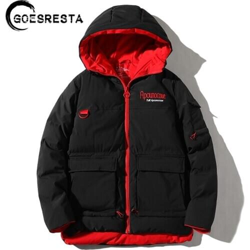 GOESRESTA 2020 Winter Warm Jacket Mens Trend English Embroidered Parkas Cotton Coat With Hooded Thickened Men Cotton Jacket