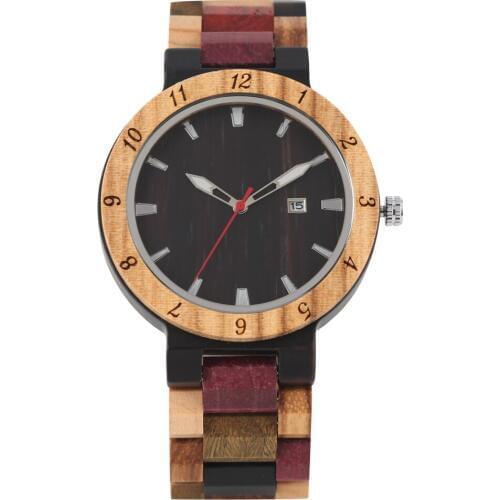 Mens Colorful Strap Wooden Watch Natural Ebony Wooden Quartz Wooden Wristwatch