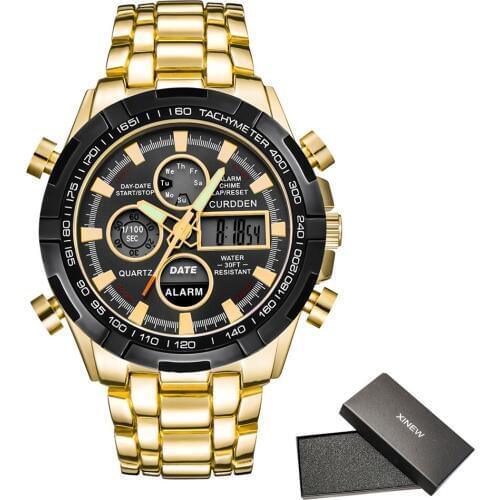 1pc / lot CURDDEN Brand Gold Watches Mens Chronograph Watch Men Dual Time Waterproof Digital Wristwatches Relogio Masculino Ouro