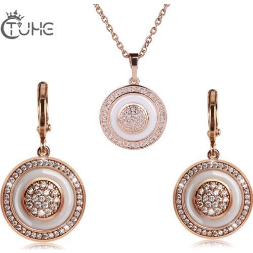 Crystal Wedding Jewelry Sets For Women Gold Round White Healthy Ceramic Pendant Necklace Earrings Ring Set Wedding Jewelry Gift