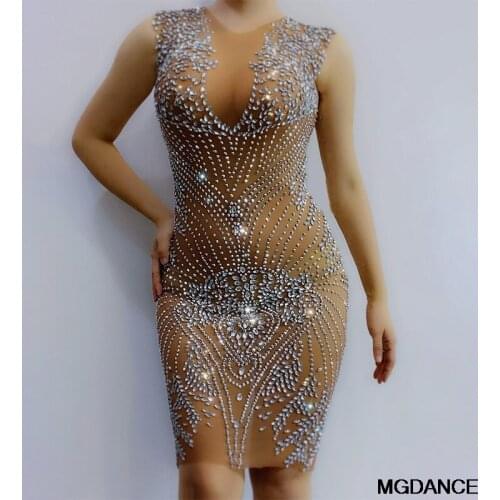 New Sparkly Silver Rhinestones Mesh Dress Sexy See Through Costume Nightclub Singer Dance Dress Womens Birthday Celebrate Dress