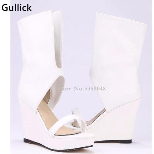 New Arrival Mid Calf Solid Wedges Boots One Front Strappy Sexy Hollow Out Rome Style Boots Summer Cool Platform Woman Party Shoe