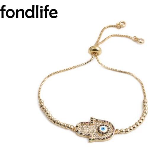 Dazzling Cubic Zirconia Crystal Hamsa Hand Evil Eye Lucky Charm Bracelet Women Gold-plated Copper CZ Fatima Chain Jewelry Gift