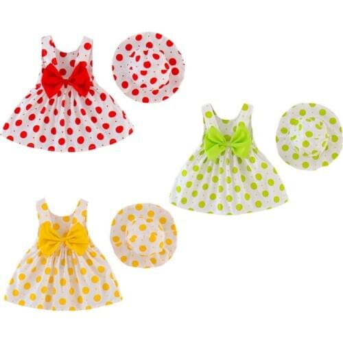 Toddler Baby Girls Dress Hat Outfits Dots Printed Princess Dresses Sleeveless Kids Clothes Beachwear Girls Summer Dress Vestidos