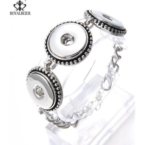 ROYALBEIER New Stainless Steel Metal Jewelry Women Bracelet Snap Jewelry 18mm Snap Buttons Bracelet Flowers Carved SZ0535